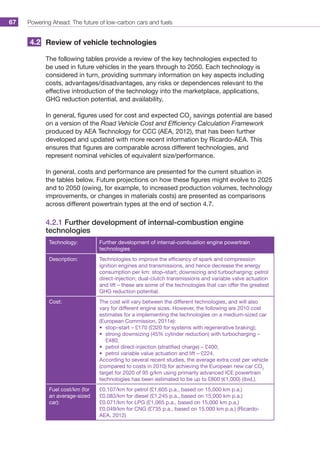 Powering Ahead: The future of low-carbon cars and fuels67
Review of vehicle technologies
The following tables provide a review of the key technologies expected to
be used in future vehicles in the years through to 2050. Each technology is
considered in turn, providing summary information on key aspects including
costs, advantages/disadvantages, any risks or dependences relevant to the
effective introduction of the technology into the marketplace, applications,
GHG reduction potential, and availability.
In general, figures used for cost and expected CO2
savings potential are based
on a version of the Road Vehicle Cost and Efficiency Calculation Framework
produced by AEA Technology for CCC (AEA, 2012), that has been further
developed and updated with more recent information by Ricardo-AEA. This
ensures that figures are comparable across different technologies, and
represent nominal vehicles of equivalent size/performance.
In general, costs and performance are presented for the current situation in
the tables below. Future projections on how these figures might evolve to 2025
and to 2050 (owing, for example, to increased production volumes, technology
improvements, or changes in materials costs) are presented as comparisons
across different powertrain types at the end of section 4.7.
4.2.1 Further development of internal-combustion engine
technologies
Technology: Further development of internal-combustion engine powertrain
technologies
Description: Technologies to improve the efficiency of spark and compression
ignition engines and transmissions, and hence decrease the energy
consumption per km: stop–start; downsizing and turbocharging; petrol
direct-injection; dual-clutch transmissions and variable valve actuation
and lift – these are some of the technologies that can offer the greatest
GHG reduction potential.
Cost: The cost will vary between the different technologies, and will also
vary for different engine sizes. However, the following are 2010 cost
estimates for a implementing the technologies on a medium-sized car
(European Commission, 2011e):
•	 stop–start – £170 (£320 for systems with regenerative braking);
•	 strong downsizing (45% cylinder reduction) with turbocharging –
£480;
•	 petrol direct-injection (stratified charge) – £400;
•	 petrol variable value actuation and lift – £224.
According to several recent studies, the average extra cost per vehicle
(compared to costs in 2010) for achieving the European new car CO2
target for 2020 of 95 g/km using primarily advanced ICE powertrain
technologies has been estimated to be up to £800 (€1,000) (ibid.).
Fuel cost/km (for
an average-sized
car):
£0.107/km for petrol (£1,605 p.a., based on 15,000 km p.a.)
£0.083/km for diesel (£1,245 p.a., based on 15,000 km p.a.)
£0.071/km for LPG (£1,065 p.a., based on 15,000 km p.a.)
£0.049/km for CNG (£735 p.a., based on 15,000 km p.a.) (Ricardo-
AEA, 2012)
4.2
 