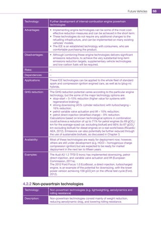 Future Vehicles 68
Technology: Further development of internal-combustion engine powertrain
technologies
Advantages: •	 Implementing engine technologies can be some of the most cost-
effective reduction measures and can be achieved in the short term.
•	 These technologies do not require any additional changes to the
refuelling infrastructure, and can be implemented on many existing
vehicles’ models.
•	 The ICE is an established technology with consumers, who are
comfortable purchasing the product.
Disadvantages: •	 Although combining these engine technologies delivers significant
emissions reductions, to achieve the very substantial long-term
emissions reduction targets, supplementary vehicle technologies
and low-carbon fuels will be required.
Risks: –
Dependences: –
Applications: These ICE technologies can be applied to the whole fleet of standard
spark and compression ignition engined cars, as well as to (plug-in)
hybrids.
GHG reduction: The GHG reduction potential varies according to the particular engine
technology, but the some of the major technology options are:
•	 stop–start – 5–10% reduction (higher value for systems with
regenerative braking);
•	 strong downsizing (45% cylinder reduction) with turbocharging –
16% reduction;
•	 petrol variable valve actuation and lift – 10% reduction;
•	 petrol direct-injection (stratified charge) – 9% reduction.
Calculations based on known technological options in combination
could achieve a reduction of up to 71% for petrol engines (to 69 gCO2
/
km for the average-sized car, excluding biofuel) and 66% (to 67 gCO2
/
km excluding biofuel) for diesel engines on a real-world basis (Ricardo-
AEA, 2012). Emissions can also potentially be further reduced through
the use of sustainable biofuels, as discussed in Chapter 3.
Availability: Most of these technologies are ready for deployment now; however,
others are still under development (e.g. HCCI – homogenous charge
compression ignition) but are expected to be ready for market
deployment in the next ten to fifteen years.
Examples: The Audi A3 1.2 TFSI S tronic has implemented downsizing, petrol
direct-injection, and variable valve actuation and lift (European
Commission, 2011e).
The 2012 Ford Focus 1.0 EcoBoost, a direct-injection, turbocharged
engine, is an example of the potential for downsizing, with the lower
power version achieving 109 gCO2
km on the official test cycle (Ford,
2012).
4.2.2 Non-powertrain technologies
Technology: Non-powertrain technologies (e.g. lightweighting, aerodynamics and
rolling resistance)
Description: Non-powertrain technologies consist mainly of weight reduction,
reducing aerodynamic drag, and lowering rolling resistance.
 