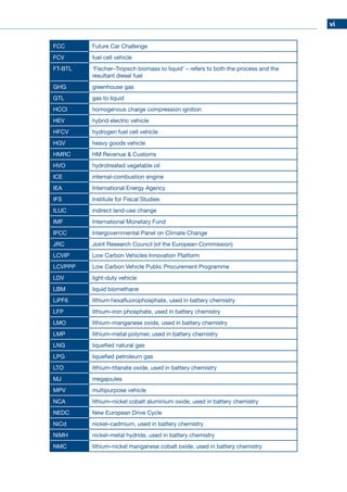 vi
FCC Future Car Challenge
FCV fuel cell vehicle
FT-BTL ‘Fischer–Tropsch biomass to liquid’ – refers to both the process and the
resultant diesel fuel
GHG greenhouse gas
GTL gas to liquid
HCCI homogenous charge compression ignition
HEV hybrid electric vehicle
HFCV hydrogen fuel cell vehicle
HGV heavy goods vehicle
HMRC HM Revenue  Customs
HVO hydrotreated vegetable oil
ICE internal-combustion engine
IEA International Energy Agency
IFS Institute for Fiscal Studies
ILUC indirect land-use change
IMF International Monetary Fund
IPCC Intergovernmental Panel on Climate Change
JRC Joint Research Council (of the European Commission)
LCVIP Low Carbon Vehicles Innovation Platform
LCVPPP Low Carbon Vehicle Public Procurement Programme
LDV light-duty vehicle
LBM liquid biomethane
LiPF6 lithium hexafluorophosphate, used in battery chemistry
LFP lithium–iron phosphate, used in battery chemistry
LMO lithium–manganese oxide, used in battery chemistry
LMP lithium–metal polymer, used in battery chemistry
LNG liquefied natural gas
LPG liquefied petroleum gas
LTO lithium–titanate oxide, used in battery chemistry
MJ megajoules
MPV multipurpose vehicle
NCA lithium–nickel cobalt aluminium oxide, used in battery chemistry
NEDC New European Drive Cycle
NiCd nickel–cadmium, used in battery chemistry
NiMH nickel–metal hydride, used in battery chemistry
NMC lithium–nickel manganese cobalt oxide, used in battery chemistry
 