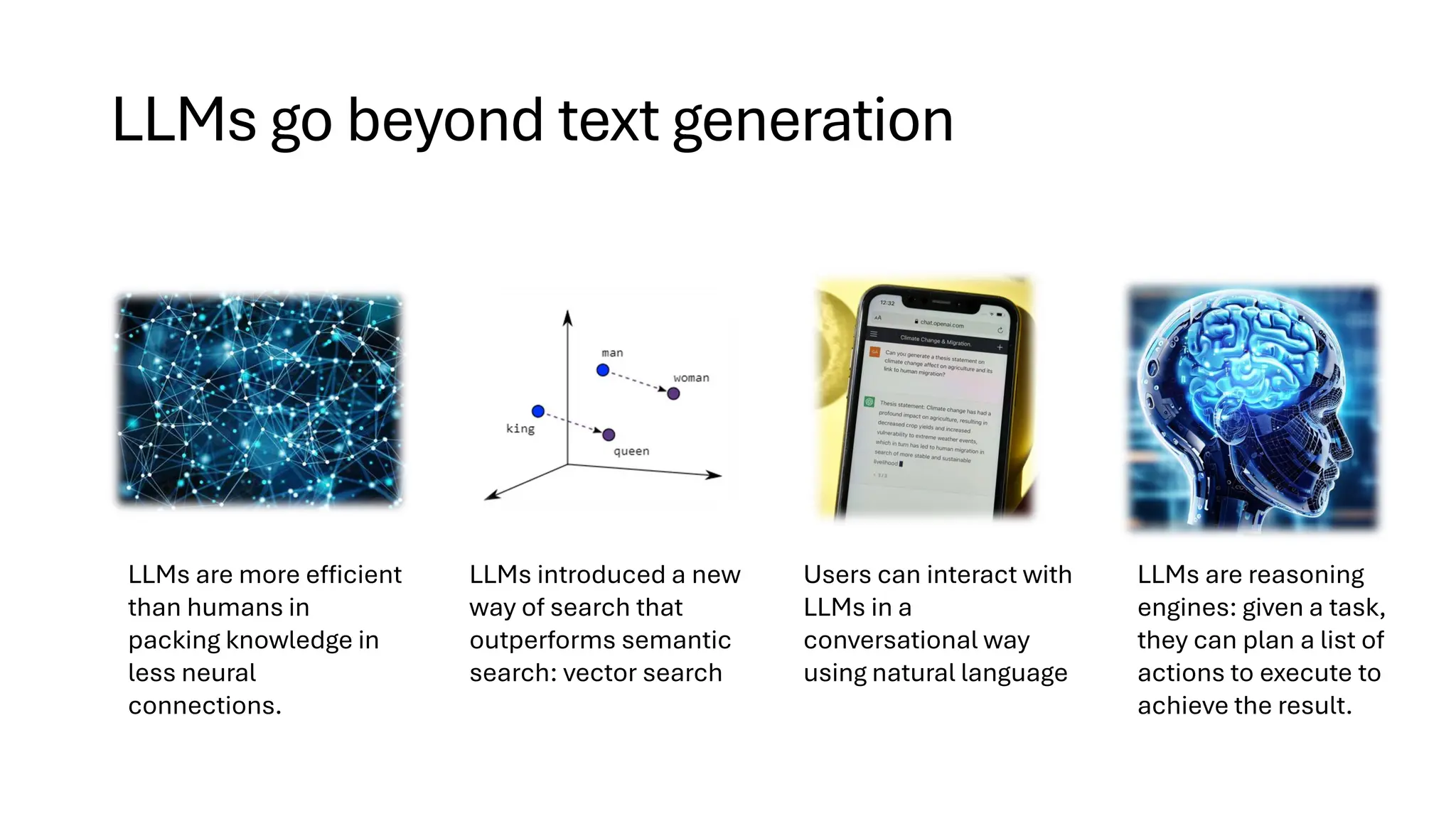 LLMs are more efficient
than humans in
packing knowledge in
less neural
connections.
LLMs introduced a new
way of search that
outperforms semantic
search: vector search
Users can interact with
LLMs in a
conversational way
using natural language
LLMs are reasoning
engines: given a task,
they can plan a list of
actions to execute to
achieve the result.
LLMs go beyond text generation
 