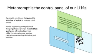 Metaprompt is the control panel of our LLMs
A prompt is a text input that guides the
behaviour of an LLM to generate a text
output.
Prompt engineering is the process of
designing effective prompts that elicit high-
quality and relevant outputs from
LLMs. Prompt engineering requires
creativity, understanding of the LLM, and
precision.
 