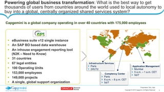 4Copyright © 2015 Capgemini. All Rights Reserved
Presentation Title | Date
Powering global business transformation: What is the best way to get
thousands of users from countries around the world used to local autonomy to
buy into a global, centrally organized shared services system?
Capgemini is a global company operating in over 40 countries with 175,000 employees
!  eBusiness suite v12 single instance
!  An SAP BO based data warehouse
!  An inhouse engagement reporting tool
(N2K – Need to Know)
!  31 countries
!  67 legal entities
!  100 Operating Units
!  153,000 employees
!  149,000 projects
!  A single, global support organization
Infrastructure Services
!  Paris
!  24h/7d
Comptency Center
!  Paris
!  8 a.m. – 8 p.m. CET
!  5d/7
Application Management
!  Mumbai
!  5 a.m. – 1 a.m. CET
!  5d/7
 