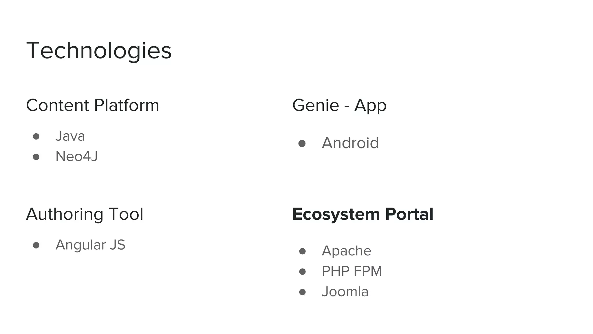 Technologies
● Java
● Neo4J
Content Platform
● Android
Genie - App
● Angular JS
Authoring Tool
● Apache
● PHP FPM
● Joomla
Ecosystem Portal
 