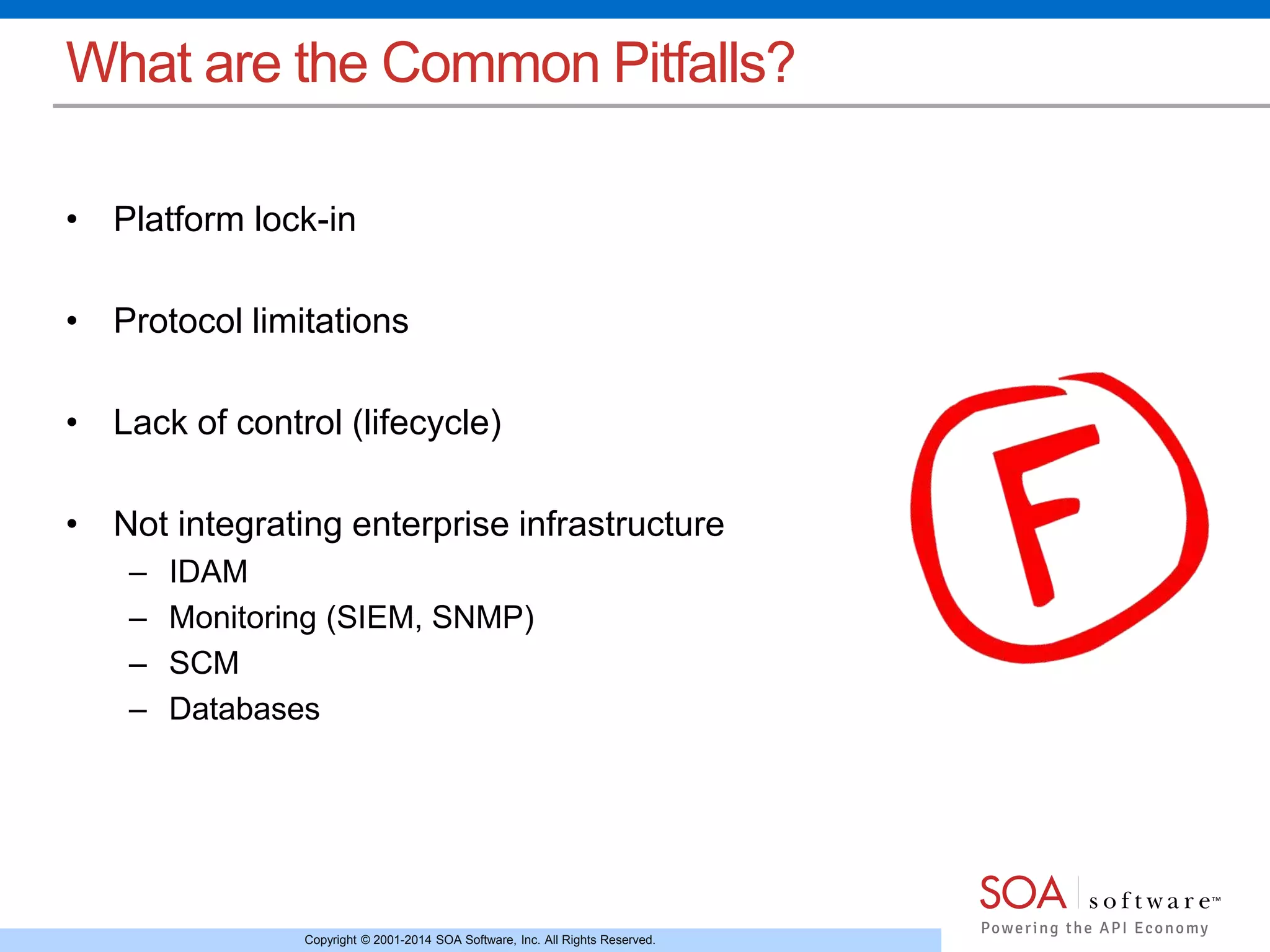 Copyright © 2001-2014 SOA Software, Inc. All Rights Reserved.
What are the Common Pitfalls?
• Platform lock-in
• Protocol limitations
• Lack of control (lifecycle)
• Not integrating enterprise infrastructure
– IDAM
– Monitoring (SIEM, SNMP)
– SCM
– Databases
 