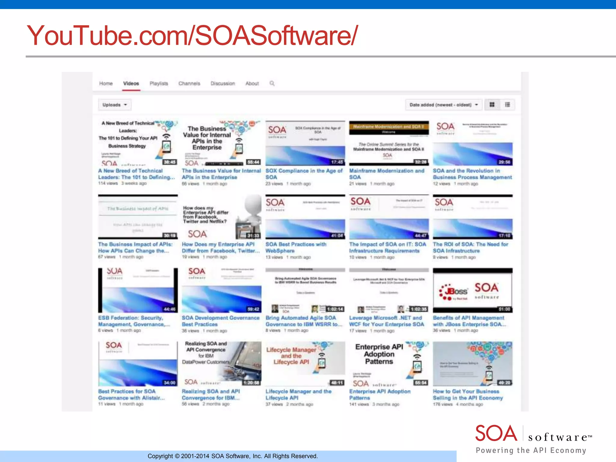 Copyright © 2001-2014 SOA Software, Inc. All Rights Reserved.
YouTube.com/SOASoftware/
 