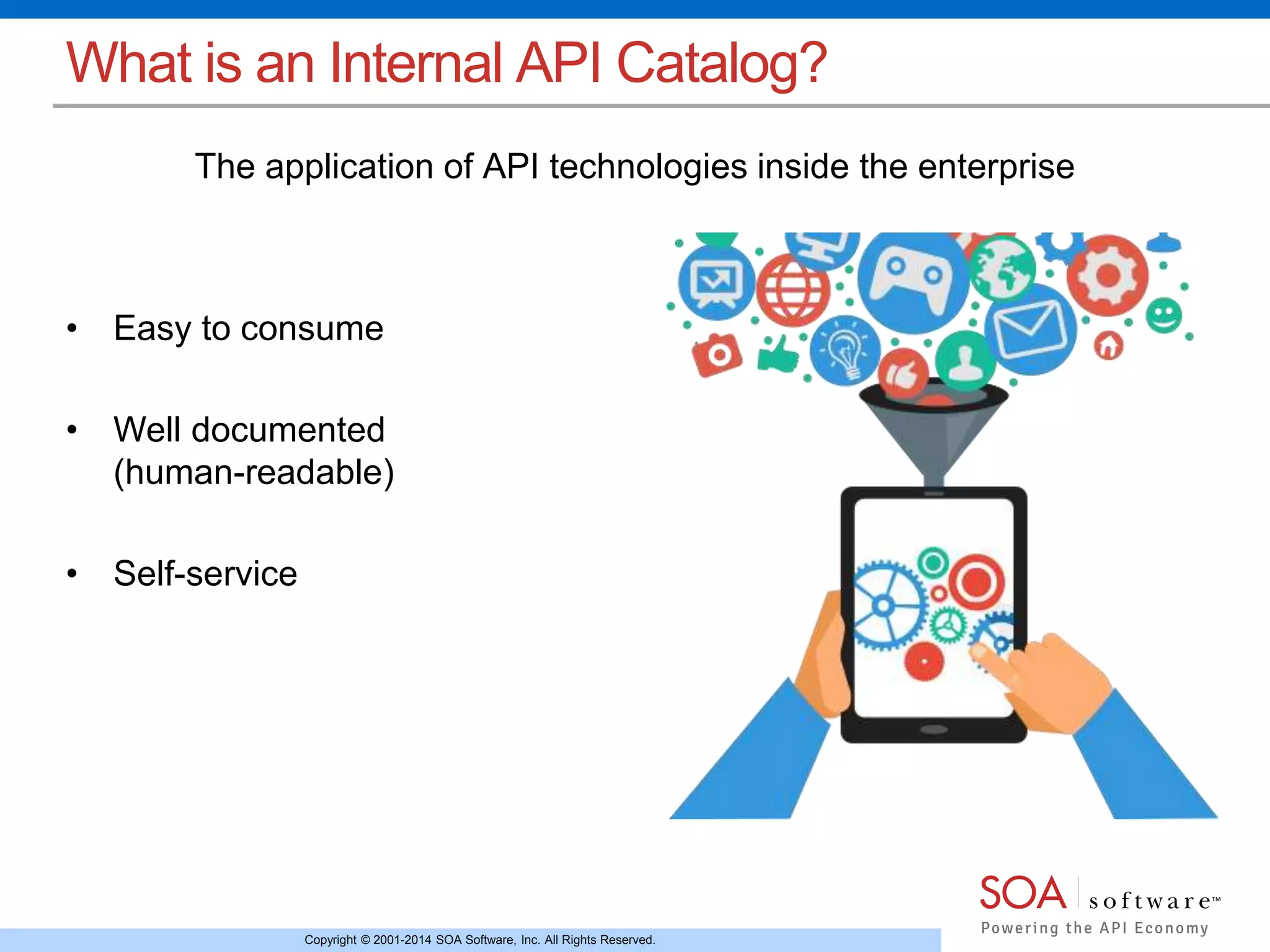 Copyright © 2001-2014 SOA Software, Inc. All Rights Reserved.
What is an Internal API Catalog?
The application of API technologies inside the enterprise
• Easy to consume
• Well documented
(human-readable)
• Self-service
 