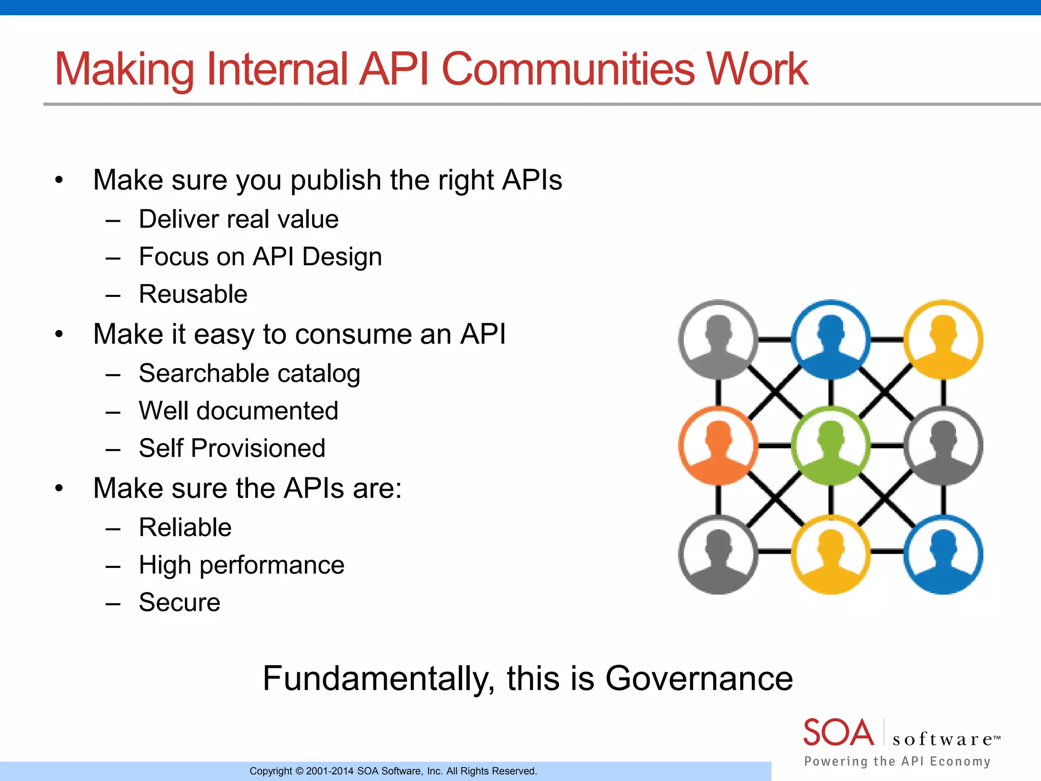 Copyright © 2001-2014 SOA Software, Inc. All Rights Reserved.
Making Internal API Communities Work
• Make sure you publish the right APIs
– Deliver real value
– Focus on API Design
– Reusable
• Make it easy to consume an API
– Searchable catalog
– Well documented
– Self Provisioned
• Make sure the APIs are:
– Reliable
– High performance
– Secure
Fundamentally, this is Governance
 