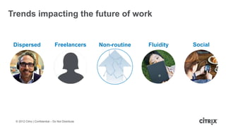 Trends impacting the future of work


 Dispersed                       Freelancers        Non-routine   Fluidity   Social




 © 2012 Citrix | Confidential – Do Not Distribute
 