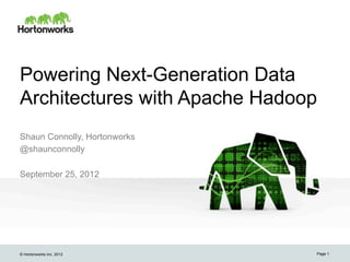 Powering Next-Generation Data
Architectures with Apache Hadoop
Shaun Connolly, Hortonworks
@shaunconnolly

September 25, 2012




© Hortonworks Inc. 2012        Page 1
 