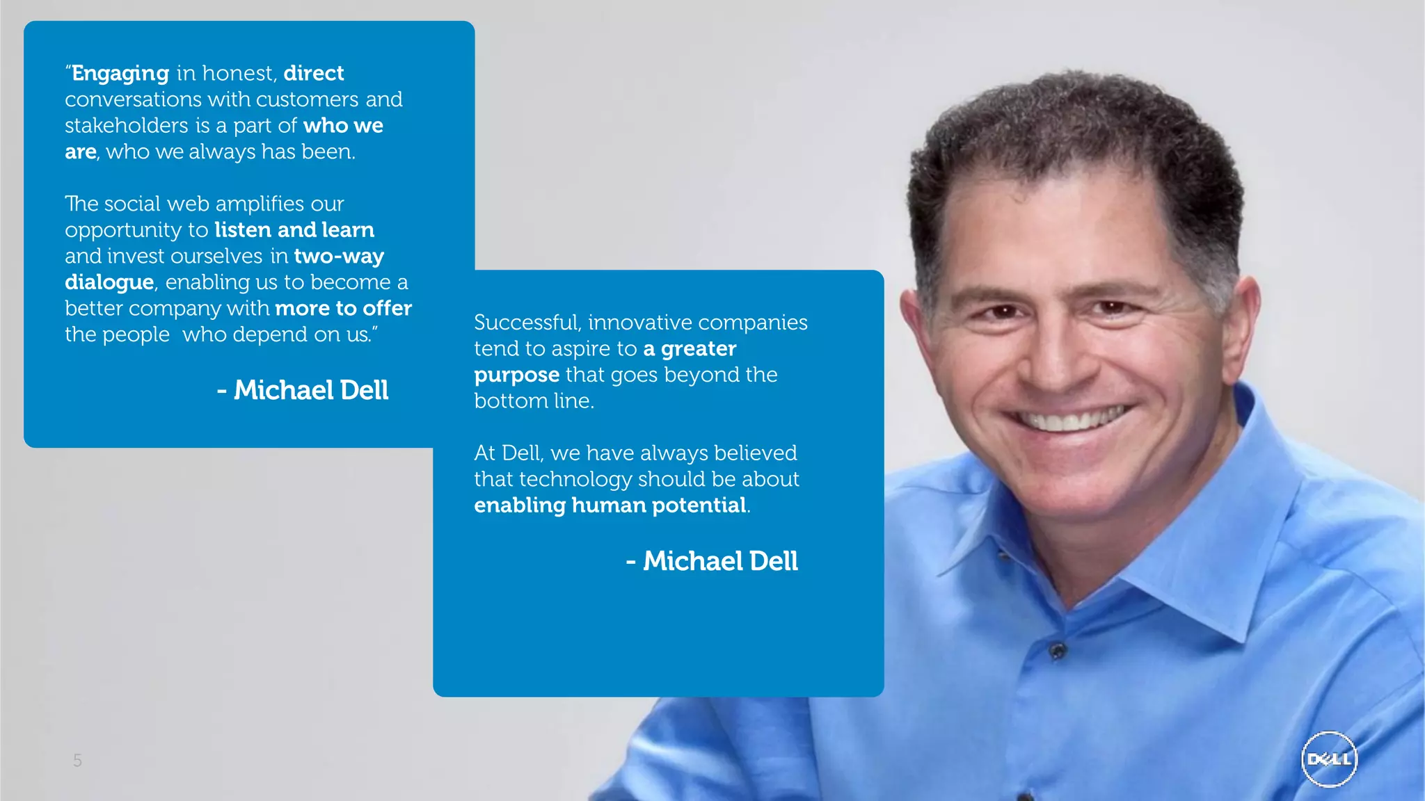“Engaging in honest, direct
conversations with customers and
stakeholders is a part of who we
are, who we always has been.

The social web amplifies our
opportunity to listen and learn
and invest ourselves in two-way
dialogue, enabling us to become a
better company with more to offer
                                    Successful, innovative companies
the people who depend on us.”
                                    tend to aspire to a greater
                                    purpose that goes beyond the
              - Michael Dell        bottom line.

                                    At Dell, we have always believed
                                    that technology should be about
                                    enabling human potential.

                                                  - Michael Dell




5                                                                      Global Marketing
 