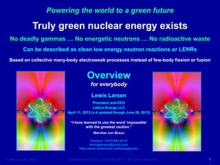 v. 5 March 5, 2014 Lattice Energy LLC, Copyright 2014 All rights reserved 1
Overview
for everybody
Truly green nuclear energy really exists
No deadly gammas … No energetic neutrons … No radioactive waste
New advance called radiation-free ultralow energy neutron reactions or LENRs
Based upon collective many-body electroweak processes rather than few-body fission or fusion
Powering the world to a green LENR future
Contact: 1-312-861-0115
Chicago, Illinois USA
lewisglarsen@gmail.com
Lewis Larsen
President and CEO
Lattice Energy LLC
v.5 March 5, 2014
Document updated, reformatted, re-verified live hyperlinks, and re-uploaded on June 9, 2016
 