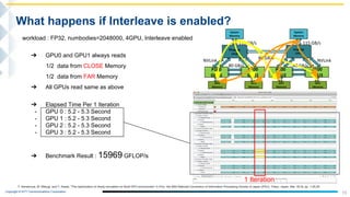 Copyright © NTT Communications Corporation.
15
What happens if Interleave is enabled?
T. Kamenoue, M. Mitsugi, and Y. Kawai, "The optimization of nbody simulation on Multi-GPU environment” in Proc. the 80th National Convention of Information Processing Society of Japan (IPSJ), Tokyo, Japan, Mar. 2018, pp. 1-25,26.
workload : FP32, numbodies=2048000, 4GPU, Interleave enabled
➔ GPU0 and GPU1 always reads
1/2 data from CLOSE Memory
1/2 data from FAR Memory
➔ All GPUs read same as above
➔ Elapsed Time Per 1 Iteration
- GPU 0 : 5.2 - 5.3 Second
- GPU 1 : 5.2 - 5.3 Second
- GPU 2 : 5.2 - 5.3 Second
- GPU 3 : 5.2 - 5.3 Second
➔ Benchmark Result : 15969 GFLOP/s
1 Iteration
 