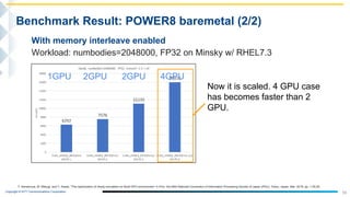 Copyright © NTT Communications Corporation.
16
Benchmark Result: POWER8 baremetal (2/2)
T. Kamenoue, M. Mitsugi, and Y. Kawai, "The optimization of nbody simulation on Multi-GPU environment” in Proc. the 80th National Convention of Information Processing Society of Japan (IPSJ), Tokyo, Japan, Mar. 2018, pp. 1-25,26.
Now it is scaled. 4 GPU case
has becomes faster than 2
GPU.
With memory interleave enabled
Workload: numbodies=2048000, FP32 on Minsky w/ RHEL7.3
1GPU 2GPU 2GPU 4GPU
 