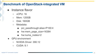 Copyright © NTT Communications Corporation.
26
Benchmark of OpenStack-integrated VM
● Instance flavor
○ vCPU: 16
○ Mem: 120GB
○ Disk: 160GB
○ Metadata:
■ pci_passthrough:alias=P100:4
■ hw:mem_page_size=16384
■ hw:numa_nodes=2
● GPU environment
○ NVIDIA Driver: 390.12
○ CUDA: 9.1
 