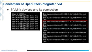 Copyright © NTT Communications Corporation.
34
Benchmark of OpenStack-integrated VM
● NVLink devices and its connection
$ lspci -d 1014:04ea
0004:00:00.0 Bridge: IBM Device 04ea
0004:00:00.1 Bridge: IBM Device 04ea
0004:00:01.0 Bridge: IBM Device 04ea
0004:00:01.1 Bridge: IBM Device 04ea
0005:00:00.0 Bridge: IBM Device 04ea
0005:00:00.1 Bridge: IBM Device 04ea
0005:00:01.0 Bridge: IBM Device 04ea
0005:00:01.1 Bridge: IBM Device 04ea
$ cat /sys/bus/pci/devices/0004:00:00.0/of_node/ibm,loc-code
GPU2
$ cat /sys/bus/pci/devices/0004:00:00.1/of_node/ibm,loc-code
GPU2
$ cat /sys/bus/pci/devices/0004:00:01.0/of_node/ibm,loc-code
GPU1
$ cat /sys/bus/pci/devices/0004:00:01.1/of_node/ibm,loc-code
GPU1
$ cat /sys/bus/pci/devices/0005:00:00.0/of_node/ibm,loc-code
GPU4
$ cat /sys/bus/pci/devices/0005:00:00.1/of_node/ibm,loc-code
GPU4
$ cat /sys/bus/pci/devices/0005:00:01.0/of_node/ibm,loc-code
GPU3
$ cat /sys/bus/pci/devices/0005:00:01.1/of_node/ibm,loc-code
GPU3
 