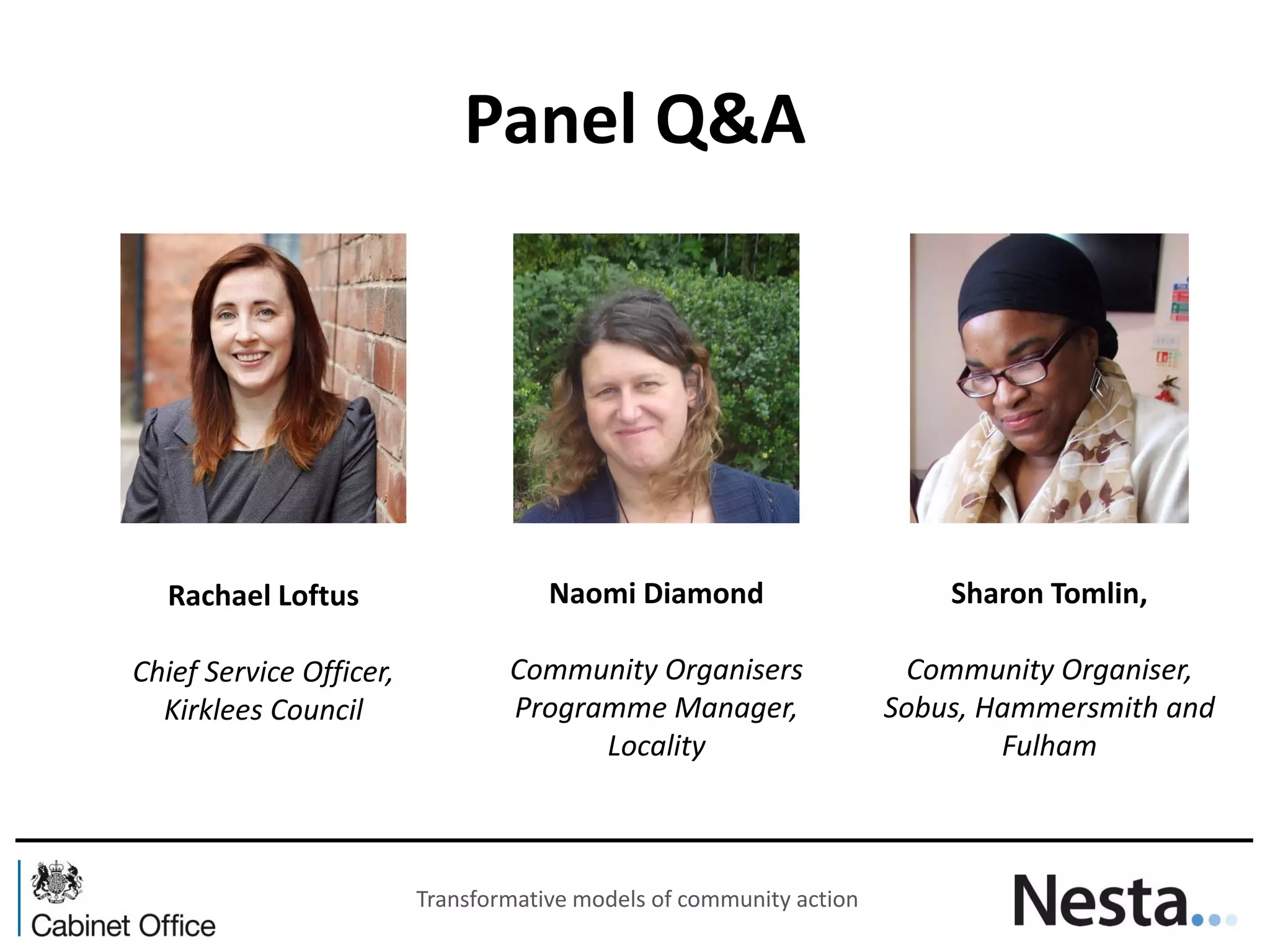 Panel Q&A 
Rachael Loftus 
Chief Service Officer, Kirklees Council 
Naomi Diamond Community Organisers Programme Manager, Locality 
Sharon Tomlin, 
Community Organiser, Sobus, Hammersmith and Fulham 
Transformative models of community action 