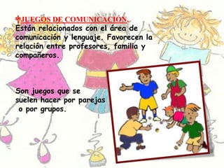 JUEGOS DE COMUNICACIÓN.Están relacionados con el área de comunicación y lenguaje. Favorecen la relación entre profesores, familia y compañeros.Son juegos que se suelen hacer por parejas o por grupos. 