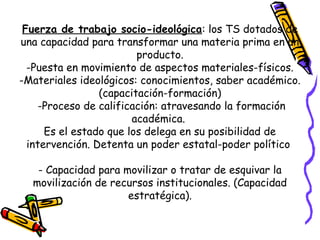 Fuerza de trabajo socio-ideológica: los TS dotados de
una capacidad para transformar una materia prima en un
producto.
-Puesta en movimiento de aspectos materiales-físicos.
-Materiales ideológicos: conocimientos, saber académico.
(capacitación-formación)
-Proceso de calificación: atravesando la formación
académica.
Es el estado que los delega en su posibilidad de
intervención. Detenta un poder estatal-poder político
- Capacidad para movilizar o tratar de esquivar la
movilización de recursos institucionales. (Capacidad
estratégica).
 