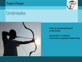 Team Power 
Oriëntatie 
Visie op samenwerking en 
Leiderschap 
Generatief vs. effectief 
Individueel of gedeeld leiderschap 
 