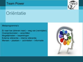 Team Power 
Oriëntatie 
Metaprogramma’s 
Er naar toe (streven naar) – weg van (vermijden) 
Overeenkomsten – verschillen 
Mogelijkheden – beperkingen 
Externe referentie – interne referentie 
Mensen – plaatsen – activiteiten – informatie 
 