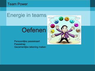 Team Power 
Energie in teams 
Oefenen 
Persoonlijke passiekaart 
Passietrap 
Gezamenlijke tekening maken 
 