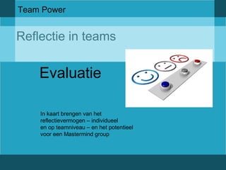 Team Power 
Reflectie in teams 
Evaluatie 
In kaart brengen van het 
reflectievermogen – individueel 
en op teamniveau – en het potentieel 
voor een Mastermind group 
 