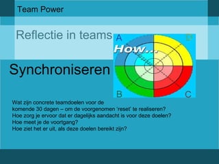 Team Power 
Reflectie in teams 
Synchroniseren 
Wat zijn concrete teamdoelen voor de 
komende 30 dagen – om de voorgenomen ‘reset’ te realiseren? 
Hoe zorg je ervoor dat er dagelijks aandacht is voor deze doelen? 
Hoe meet je de voortgang? 
Hoe ziet het er uit, als deze doelen bereikt zijn? 
 