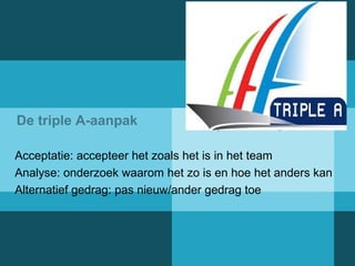 Kies voor een 
De triple A-aanpak triple A-aanpak 
Acceptatie: accepteer het zoals het is in het team 
Analyse: onderzoek waarom het zo is en hoe het anders kan 
Alternatief gedrag: pas nieuw/ander gedrag toe 
 