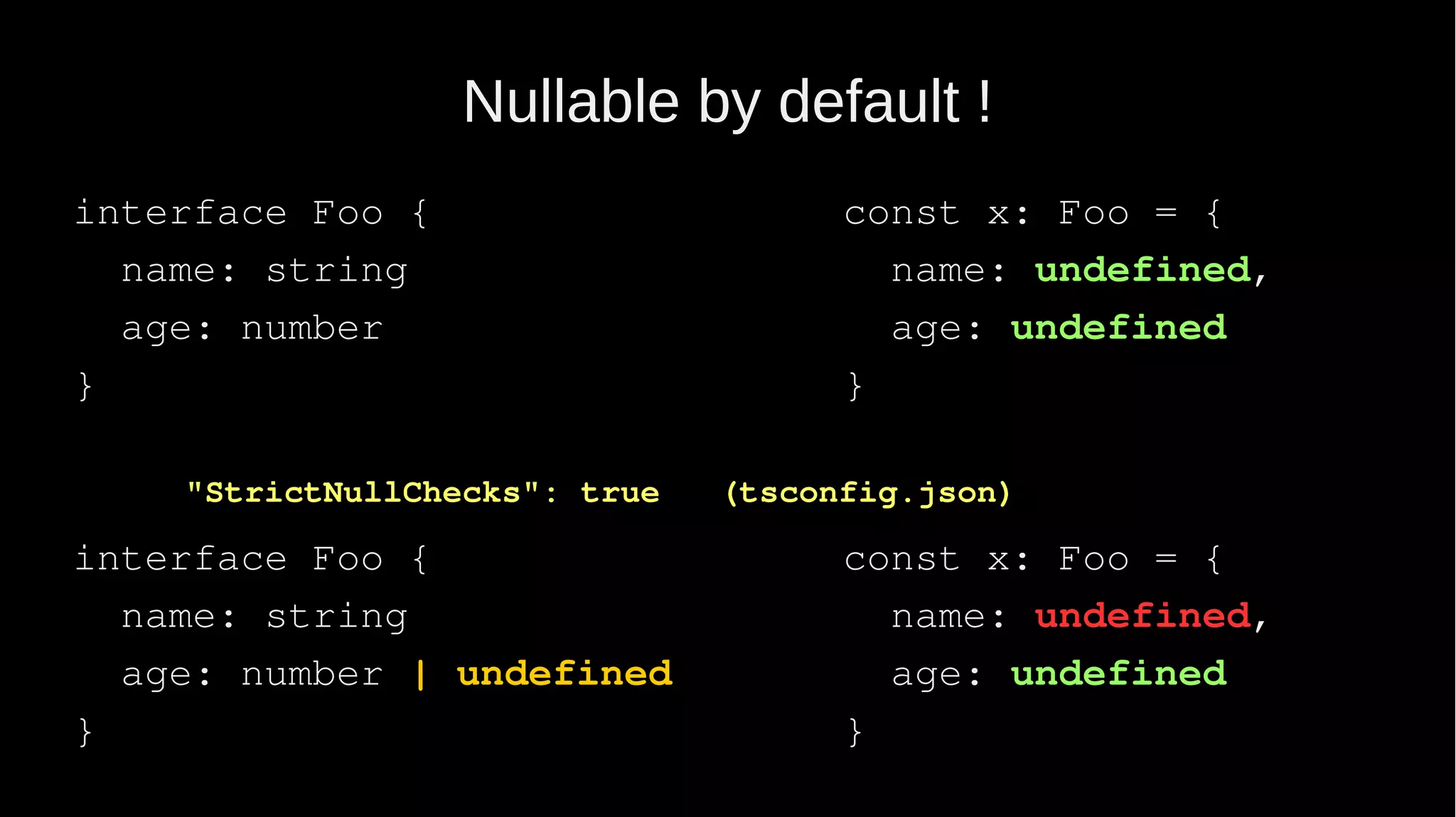 Nullable by default ! interface Foo { name: string age: number } interface Foo { name: string age: number | undefined } const x: Foo = { name: undefined, age: undefined } const x: Foo = { name: undefined, age: undefined } "StrictNullChecks": true (tsconfig.json) 