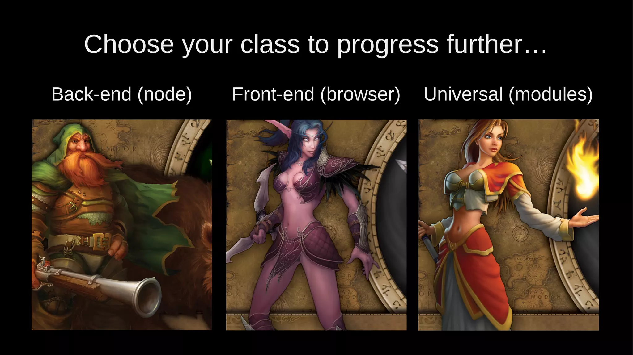 Choose your class to progress further… Back-end (node) Front-end (browser) Universal (modules) 
