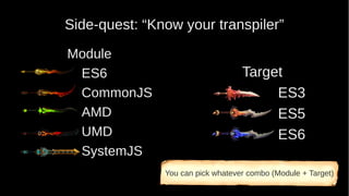 Side-quest: “Know your transpiler”
Module
ES6
CommonJS
AMD
UMD
SystemJS
Target
ES3
ES5
ES6
You can pick whatever combo (Module + Target)
 