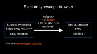 Execute typescript: browser
Target: browser
ES5
bundled
webpack
+ ts-loader
+ babel (for ES6
modules)
Source: Typescript
100% ES6, ?% ES7
ES6 modules
See also awesome-typescript-loader
 