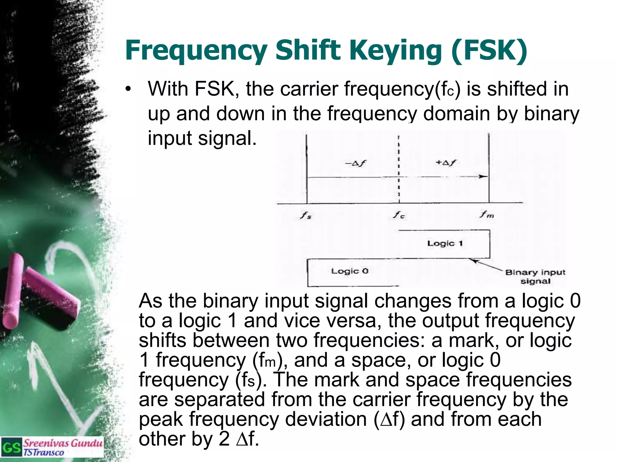 Frequency Shift Keying (FSK)
• With FSK, the carrier frequency(fc) is shifted in
up and down in the frequency domain by binary
input signal.
As the binary input signal changes from a logic 0
to a logic 1 and vice versa, the output frequency
shifts between two frequencies: a mark, or logic
1 frequency (fm), and a space, or logic 0
frequency (fs). The mark and space frequencies
are separated from the carrier frequency by the
peak frequency deviation (∆f) and from each
other by 2 ∆f.
 