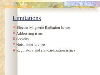 Limitations   Electro-Magnetic Radiation Issues   Addressing issue   Security Noise interference   Regulatory and standardization issues 