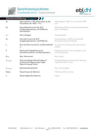 Synchronmaschinen
Fremdbelüftet IC416 / forced ventilated
Eibl DHT GmbH Albert Schweitzer - Str. 9 A-4614 Marchtrenk Tel.: +43(0)7243 50996 Fax.: +43(0)7243 50996 66 www.www.www.www.eibleibleibleibl----dht.atdht.atdht.atdht.at
Seite 17
ke
M0
n n
M n
I n
P
M max
n max mech
n max dauer
Masse
J
Eigeninduktion in VAC eff gemessen an den
Aussenleitern bei 1000 1 /min.
Dauerstillstandsmoment bei 40°C
Umgebungstemperatur und Prüfflansch.
Nenndrehzahl.
Nominal Speed
Nenndrehmoment bei 40°C
Umgebungstemperatur und Prüfflansch.
Strom bei Nennmoment Mn und Nenndrehzahl
nn.
Mechanische Abgabeleistung bei
Nenndrehmoment Mn und Nenndrehzahl nn
Max. Drehmoment
Maximal zulässige Drehzahl aufgrund
mechanischen Begrenzungen (Lager,
Eigenschwingung) Masse:
Maximale Nenndrehzahl
Gesamtmasse der Maschine
Massenträgheit der Maschine
Self induction in VAC rms on mains @ 1000
rpm.
Stall torque at 40°C environmental temperature
and on test flange.
Nominal speed.
Nominal torque at 40°C environmental
temperature and on test flange.
Current at nominal torque Mn and nominal
speed nn.
Mechanical power at nominal speed nn and
nominal torque Mn.
Max. torque.
Max speed because of resonances, bearings,
mechanical stress in rotor...
Max. nominal speed
Total mass of the machine
Inertia
 