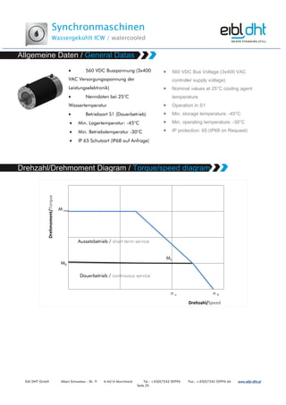 Synchronmaschinen
Wassergekühlt ICW / watercooled
Eibl DHT GmbH Albert Schweitzer - Str. 9 A-4614 Marchtrenk Tel.: +43(0)7243 50996 Fax.: +43(0)7243 50996 66 www.www.www.www.eibleibleibleibl----dht.atdht.atdht.atdht.at
Seite 25
• 560 VDC Busspannung (3x400
VAC Versorgungsspannung der
Leistungselektronik)
• Nenndaten bei 25°C
Wassertemperatur
• Betriebsart S1 (Dauerbetrieb)
• Min. Lagertemperatur: -45°C
• Min. Betriebstemperatur -30°C
• IP 65 Schutzart (IP68 auf Anfrage)
•
•
•
•
•
•
Drehmoment/Torque
Drehzahl/Speed
M0
M max
n n
Mn
n 0
Dauerbetrieb / continuous service
Aussetzbetrieb / short term service
 