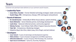 Team
• Leadership Team
• Jesse Chen, Founder – Former Deloitte technology strategist, leader and activist
• Austin Papp, C...