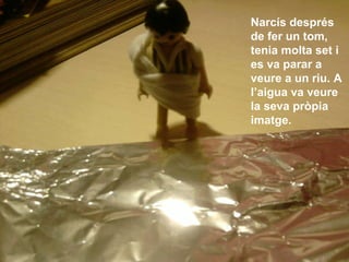 Narcís després de fer un tom, tenia molta set i es va parar a veure a un riu. A l’aigua va veure la seva pròpia imatge. 