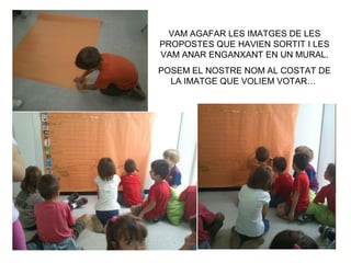 VAM AGAFAR LES IMATGES DE LES
PROPOSTES QUE HAVIEN SORTIT I LES
VAM ANAR ENGANXANT EN UN MURAL.
POSEM EL NOSTRE NOM AL COSTAT DE
LA IMATGE QUE VOLIEM VOTAR…
 