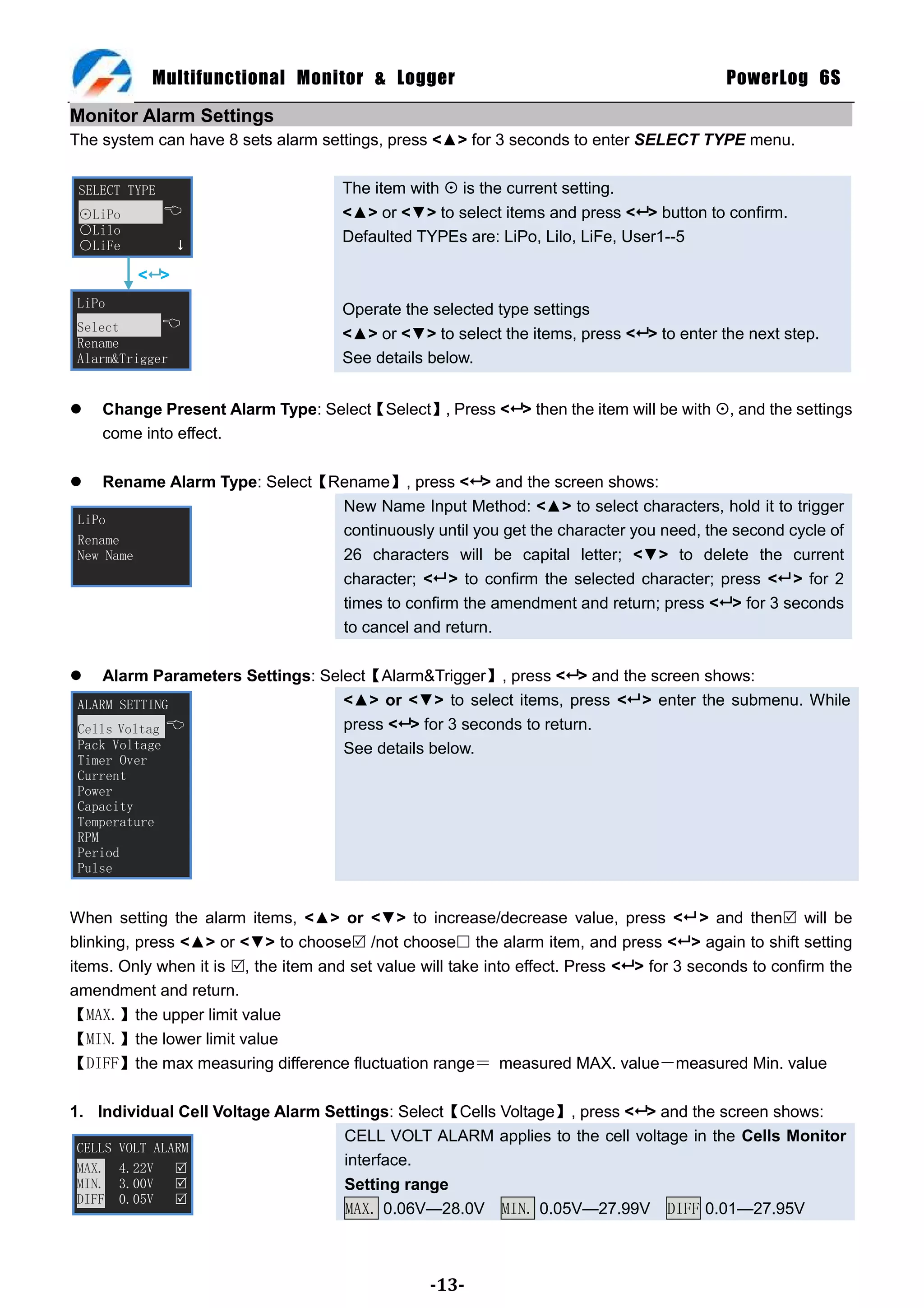 Multifunctional Monitor & Logger                                                  PowerLog 6S

Monitor Alarm Settings
The system can have 8 sets alarm settings, press <▲> for 3 seconds to enter SELECT TYPE menu.


 SELECT TYPE                          The item with  is the current setting.
 ⊙LiPo                               <▲> or <▼> to select items and press < > button to confirm.
 ○Lilo
 ○LiFe          
                                      Defaulted TYPEs are: LiPo, Lilo, LiFe, User1--5

         < >
 LiPo                                 Operate the selected type settings
 Select                              <▲> or <▼> to select the items, press < > to enter the next step.
 Rename
 Alarm&Trigger                        See details below.


   Change Present Alarm Type: Select【Select】, Press < > then the item will be with , and the settings
    come into effect.

    Rename Alarm Type: Select【Rename】, press < > and the screen shows:
                                New Name Input Method: <▲> to select characters, hold it to trigger
 LiPo
                                continuously until you get the character you need, the second cycle of
 Rename
 New Name                       26 characters will be capital letter; <▼> to delete the current
                                character; < > to confirm the selected character; press < > for 2
                                times to confirm the amendment and return; press < > for 3 seconds
                                to cancel and return.

    Alarm Parameters Settings: Select【Alarm&Trigger】, press < > and the screen shows:
 ALARM SETTING                     <▲> or <▼> to select items, press < > enter the submenu. While
 Cells Voltag                     press < > for 3 seconds to return.
 Pack Voltage                      See details below.
 Timer Over
 Current
 Power
 Capacity
 Temperature
 RPM
 Period
 Pulse


When setting the alarm items, <▲> or <▼> to increase/decrease value, press < > and then will be
blinking, press <▲> or <▼> to choose /not choose the alarm item, and press < > again to shift setting
items. Only when it is , the item and set value will take into effect. Press < > for 3 seconds to confirm the
amendment and return.
【MAX.】the upper limit value
【MIN.】the lower limit value
【DIFF】the max measuring difference fluctuation range＝ measured MAX. value－measured Min. value

1. Individual Cell Voltage Alarm Settings: Select【Cells Voltage】, press < > and the screen shows:
                                   CELL VOLT ALARM applies to the cell voltage in the Cells Monitor
 CELLS VOLT ALARM
 MAX. 4.22V    
                                   interface.
 MIN. 3.00V                       Setting range
 DIFF 0.05V    
                                   MAX. 0.06V—28.0V MIN. 0.05V—27.99V DIFF 0.01—27.95V



                                                   -13-
 