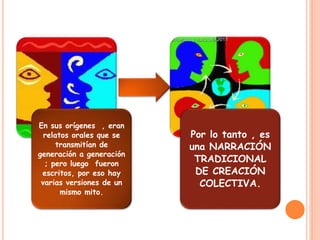 En sus orígenes , eran 
relatos orales que se 
transmitían de 
generación a generación 
; pero luego fueron 
escritos, por eso hay 
varias versiones de un 
mismo mito. 
Por lo tanto , es 
una NARRACIÓN 
TRADICIONAL 
DE CREACIÓN 
COLECTIVA. 
 