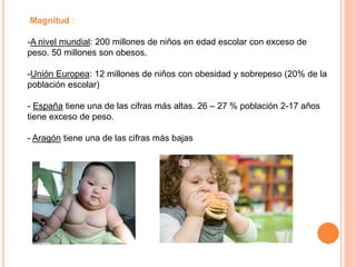 Magnitud :
-A nivel mundial: 200 millones de niños en edad escolar con exceso de
peso. 50 millones son obesos.
-Unión Euro...