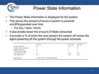 Power State Information
• The Power State information is displayed for the system
• This shows the amount of hours a system is powered
on/off/Suspended over time
– Prio Day / Week / Month

• It also breaks down the amount of Watts consumed
• It provdes a % of when the user powers the system off verses the
agent powering off the system through the power schedule

8

 