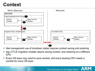 9
Context
 Idle management use of shutdown states requires context saving and restoring
 big.LITTLE migration models require saving context, and restoring on a different
CPU
 Every OS layer may need to save context, and every booting CPU needs a
context for every OS layer
 