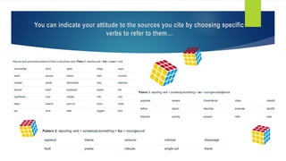 You can indicate your attitude to the sources you cite by choosing specific
verbs to refer to them…
 