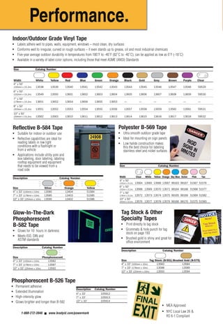 MirrorImage
Easy, versatile, customized signs and labels.
The PowerMark®
Sign and Label Maker
gives you built-in templates, graphics, and
applications, so you can quickly and easily
create pipe markers, safety signs, hazardous
labels, tags, equipment and warehouse
marking, and more.
The features you need at
your fingertips:
■ Auto Cut
■ Text Size .08" to 8.5"
■ Tape Widths 4" to 10"
■ Bar Codes 128, 39 and
Int. 2 of 5 Built In
■ Full Size Keyboard
■ Sharp 300 DPI Print Resolution
■ PC Connectivity
■ 300+ Industrial Symbols & Pictograms
Brady Worldwide, Inc. Brady Canada
6555 W. Good Hope Road 355 Apple Creek Blvd.
Milwaukee, WI 53223 Markham, ON L3R 9X7
1-888-272-3946 1-800-263-6179
www.bradyid.com www.bradycanada.com
© 2007 Brady Worldwide, Inc. All Rights Reserved. Printed in U.S.A. 12-07-AA
*These materials are not recommended for plotter cutting.
** MEA Approved, NYC Local Law 26 & RS6-1 Compliant
+
Stress
FREE
Setup
System
We've taken the stress out of setting up your new printer and software… and best of all,
it's FREE! With Brady's Stress FREE System Setup, a member of the Brady Technical Support
Team will walk you through the set-up of your GlobalMark 2 printer and software. Call us today
to schedule your FREE phone appointment at 1-800-643-8766, select Menu Option 4.
Key Functions:
Multiple Color Printing
Bold
Underline
Italics
Superscript/Subscript
Frames Automatically
Reverse Print
Auto Fit To Specific Length
Justify Text Automatically
E x p a n d / Condense
Specifications:
Environmental characteristics – Operational requirements:
Ambient operating temperature: 50°F to 105°F (10°C to 41°C)
Relative humidity: 20% to 80% (non-condensing)
V
e
r
t
i
c
a
l
1-888-272-3946 ■ www.bradyid.com/powermark
Reflective B-584 Tape
●
Suitable for indoor or outdoor use
●
Reflective capabilities are ideal for
reading labels in low light
conditions with a flashlight or
from a vehicle
●
Applications include utility pole and
box labeling, door labeling, labeling
rooftop equipment and equipment
that needs to be viewed from a
road side
Polyester B-569 Tape
●
Ultra smooth outdoor grade tape
●
Ideal for mounting on sign panels
●
Low halide construction makes
this the best choice for labeling
stainless steel and nickel surfaces
Indoor/Outdoor Grade Vinyl Tape
●
Labels adhere well to pipes, walls, equipment, windows – most clean, dry surfaces
●
Conforms well to irregular, curved or rough surfaces – it even stands up to grease, oil and most industrial chemicals
●
Five-year average outdoor durability in temperatures from 180˚F to -40˚F (82˚C to -40˚C), can be applied as low as 0˚F (-18˚C)
●
Available in a variety of label color options, including those that meet ASME (ANSI) Standards
Size Catalog Number
Width White Yellow Red Blue Green Orange Black Gold Grey Brown Purple Clear
4" x 50'
(100mm x 15.2m) 13538 13539 13540 13541 13542 13543 13544 13545 13546 13547 13548 59529
6" x 50'
(152mm x 15.2m) 13549 13550 13601 13602 13603 13604 13605 13606 13607 13608 13609 59530
7" x 50'
(178mm x 15.2m) 13651 13652 13654 13656 13655 13653 — — — — — —
8" x 50'
(203mm x 15.2m) 13551 13552 13553 13554 13555 13556 13557 13558 13559 13560 13561 59531
10" x 50'
(254mm x 15.2m) 13562 13563 13610 13611 13612 13613 13614 13615 13616 13617 13618 59532
Description Catalog Number
Size Silver Orange Yellow
4" x 33' (100mm x 10m) 13580 13404 51584
7" x 33' (178mm x 10m) 13585 13403 51585
10" x 33' (254mm x 10m) 13590 13402 51586
Size Catalog Number
Width Clear White Yellow Orange Sky Blue Ochre Pink Tan
4" x 50'
(100mm x 15.2m) 13564 13565 13566 13567 99163 99167 51567 51576
6" x 50'
(152mm x 15.2m) 13568 13569 13570 13571 99164 99168 51568 51577
7" x 50'
(178mm x 15.2m) 13572 13573 13574 13575 99165 99169 51569 51582
10" x 50'
(254mm x 15.2m) 13576 13577 13578 13579 99166 99170 51575 51583
Glow-In-The-Dark
Phosphorescent
B-582 Tape
●
Glows for 10 hours in darkness
●
Meets ISO, DIN and
ASTM standards
Tag Stock & Other
Specialty Tapes
● Print directly to tag stock
●
Grommets & hole punch for tag
stock on page 193
●
Brushed gold is shiny and great for
office environment
Description Catalog Number
Size Tag Stock (B-551) Brushed Gold (B-575)
4" x 33' (100mm x 10m) 13583 13584
7" x 33' (178mm x 10m) 13588 13589
10" x 33' (254mm x 10m) 13593 13594
Description Catalog Number
Size Phosphorescent
4" x 33' (100mm x 10m) 13582
7" x 33' (178mm x 10m) 13587
10" x 33' (254mm x 10m) 13592
Industrial Grade Print Ribbons
●
Super-tough, smear-proof ribbons ensure your printed text lasts for years
outdoors and in industrial areas
●
2 and 4-color “paneled” ribbons are used to print labels & signs with
more than 1 print color
Phosphorescent B-526 Tape
●
Permanent adhesive
●
Extended Illumination
●
High-intensity glow
●
Glows brighter and longer than B-582
Description Catalog Number
4" x 33' 105912
7" x 33' 105913
10" x 33' 105914
1 Color Ribbons
Size Catalog Number
Width Black White Red Blue Green Magenta Yellow Orange Egress Green**
6.25" x 200'
(158mm x 60.8m) 13511 13513 13595 13596 13597 13598 13599 13600 103952
8.8" x 200'
(224mm x 60.8m) 13510 13512 13514 13515 13516 13517 13518 13519 103951
4 Color Paneled Ribbons - 8" long panels
Size Catalog Number
Width Blk/Red/Blue/Yel. Blk/Red/Blue/Grn. Blk/Red/Org./Blue
6.25" x 200'
(158mm x 60.8m) 13533 13537 NA
8.8" x 200'
(224mm x 60.8m) 13532 13536 51448
(used to create 4 color signs up to 8"long)
4 Color Paneled Ribbons - 15" long panels
Size Catalog Number
Width Black/Red/Blue/Yellow Black/Red/Blue/Green
6.25" x 200'
(158mm x 60.8m) 13531 13535
8.8" x 200'
(224mm x 60.8m) 13530 13534
(used to create 4 color signs up to 15"long)
2 Color Paneled Ribbons - 8" long panels
Size Catalog Number
Width Blk/Red Blk/Green Blk/Yellow Blk/Orange
6.25" x 200'
(158mm x 60.8m) 13523 13704 13527 13529
8.8" x 200'
(224mm x 60.8m) 13522 13706 — —
(used to create 2 color signs up to 8"long)
2 Color Paneled Ribbons - 15" long panels
Size Catalog Number
Width Blk/Red Blk/Blue Blk/Yellow Blk/Orange Blk/Green
6.25" x 200'
(158mm x 60.8m) 13521 13525 — — 13705
8.8" x 200'
(224mm x 60.8m) 13520 13524 13526 13528 13707
(used to create 2 color signs up to 15"long)
Rigid Sign Panels
Sign Blanks let you laminate output
using the BLS1255 Laminator. Plastic
and aluminum blanks come in white,
yellow and orange. Clear acrylic panels
have pressure sensitive adhesive
(graphics end up protected).
BLS 1255 Catalog No.
BLS 1255 105038
Laminating
System
Laminating&Mounting
Brady’s BLS1255 laminating system quickly and easily mounts Powermark®
output to rigid panels. The BLS1255 can be purchased as a set with the
PowerMark®
Sign and Label Maker.
Plastic Panels - Corners Rounded w/ Holes
Size White Yellow Orange
4.25" x 6.25" 13620 13621 13622
4.25" x 10.25" 106458
6.25" x 10.25" 13623 13624 13625
7.25" x 18.25" 106457
10.25" x 10.25" 106459
10.25" x 14.25" 13626 13627 13628
Aluminum Panels - Rounded Corners w/ Holes
Size White Yellow Orange
4.25" x 6.25" 13629 13630 13631
4.25" x 10.25" 106461
6.25" x 10.25" 13632 13633 13634
7.25" x 18.25" 106460
10.25" x 10.25" 106462
10.25" x 14.25" 13635 13636 13637
Clear Acrylic Panels w/ Pressure
Sensitive Adhesive
Size Clear
4.25" x 6.25" 13638
4.25" x 10.25" 106464
6.25" x 10.25" 13639
.25" x 18.25" 106463
10.25" x 10.25" 106465
10.25" x 14.25" 13640
●
MEA Approved
●
NYC Local Law 26 &
RS 6-1 Compliant
**MEA approved, NYC Local Law 26 & RS 6-1 Compliant
PowerMarkRevise-Foldout.qxd 12/5/07 9:41 AM Page 1
 