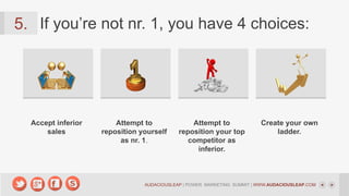 5. If you’re not nr. 1, you have 4 choices:

Accept inferior
sales

Attempt to
reposition yourself
as nr. 1.

Attempt to
reposition your top
competitor as
inferior.

Create your own
ladder.

AUDACIOUSLEAP | POWER MARKETING SUMMIT | WWW.AUDACIOUSLEAP.COM

 