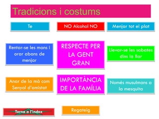 Tradicions i costums
         Te             NO Alcohol NO    Menjar tot el plat



Rentar-se les mans i   RESPECTE PER     Llevar-se les sabates
  orar abans de          LA GENT             dins la llar
      menjar
                          GRAN

Anar de la mà com      IMPORTÀNCIA      Només musulmans a
 Senyal d’amistat      DE LA FAMÍLIA       la mesquita



   Torna a l’index        Regateig
 