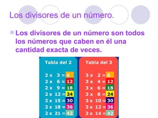 Los divisores de un número. Los divisores de un número son todos los números que caben en él una cantidad exacta de veces. 