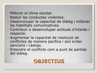OBJECTIUS Millorar el clima escolar. Reduir les conductes violentes. Desenvolupar la capacitat de diàleg i millorar les habilitats comunicatives. Contribuir a desenvolupar actituds d’interès i respecte. Augmentar la capacitat de resolució de conflictes de manera pacífica i així evitar sancions i càstigs. Entendre el conflicte com a punt de partida del diàleg. 